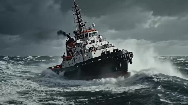 Powerful tugboat navigates rough seas under dramatic stormy sky