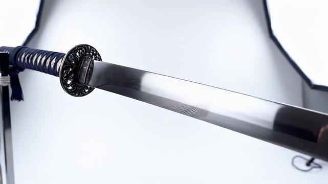 A meticulously crafted traditional-style sword is showcased in a pristine studio setting, highlighting its sharp, reflective blade and intricately designed hilt. The polished metal surface catches the