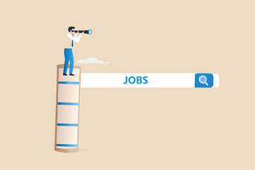 Man with telescope on stack of books searches for jobs online via search bar concept