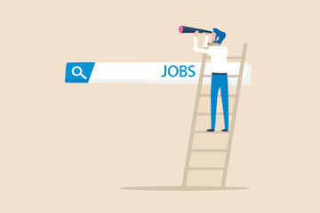 Man with telescope on ladder searching for jobs online through search bar