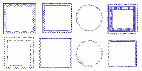 Collection of eight unique hand drawn decorative borders and frames in various shapes and patterns