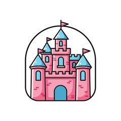 Fototapeta premium A cute cartoon pink castle with blue roofs and flags, outlined in black, set within a rounded frame.