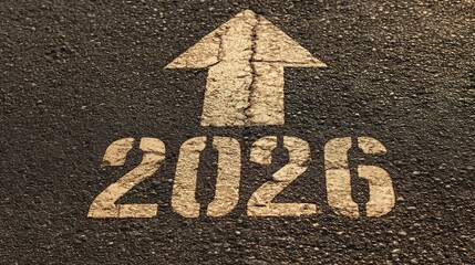 White arrow pointing up to "2026" on asphalt road, photo-realistic new year concept with copy space for text, ideal for business plans, future development ideas and celebration backgrounds.