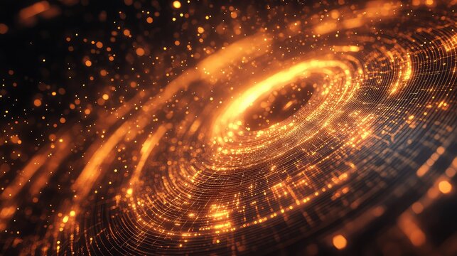 Digital data vortex creating abstract glowing particle swirl
