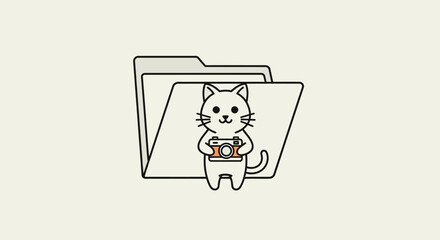Cute cartoon cat holding a camera in front of an open file folder icon, symbolizing photo organization and digital media storage.