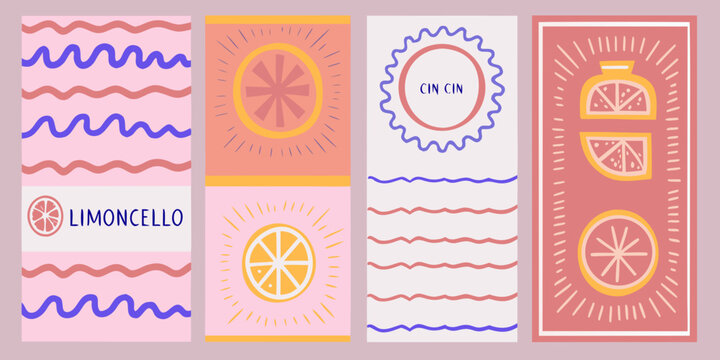 Set of four colorful abstract illustrations featuring lemons and limoncello with wavy lines and sunbursts - Powered by Adobe