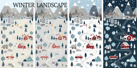 Fotobehang Blauwe hemel Charming winter village landscapes with snow covered mountains and winding roads  © Dayal