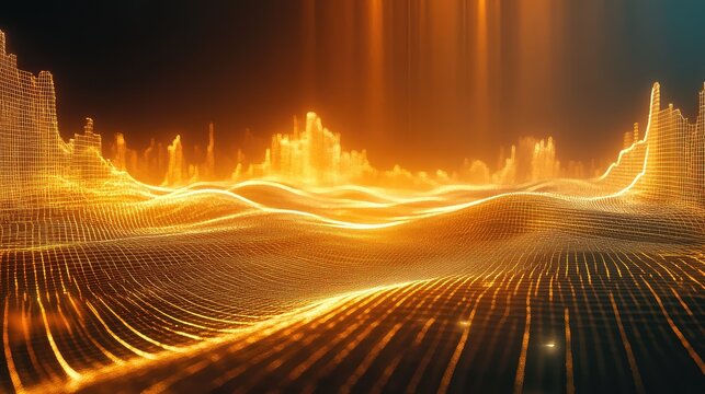 Digital terrain visualizing data with glowing orange lines
