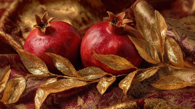 elegant still life with fresh pomegranates and shimmering golden leaves on a festive fabric