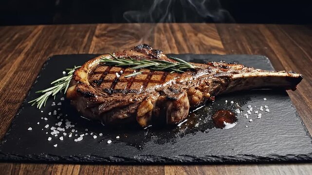 A mouth-watering, perfectly grilled bone-in steak, sizzling hot with visible steam, rests on a sophisticated dark slate serving platter. The thick cut of meat features tempting char marks and is elega