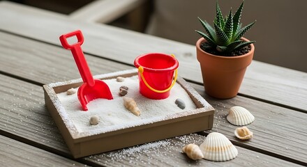 Miniature beach scene with vibrant toys and succulent plant, natural light