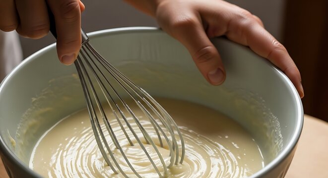 Hands carefully whisking batter in a bowl for dessert preparation