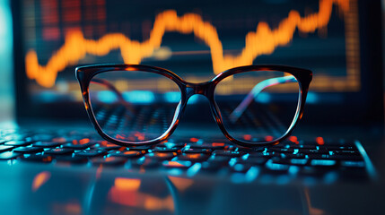 Modern glasses rest on a laptop keyboard displaying financial data reflecting market trends
