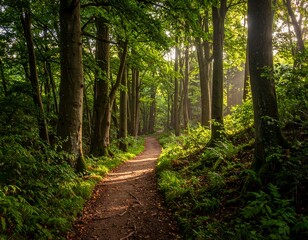 Obraz premium Path through a lush forest, sunlight shining through trees