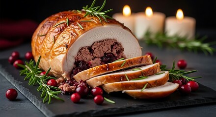 Deliciously roasted stuffed turkey breast with cranberries and rosemary for a festive holiday meal