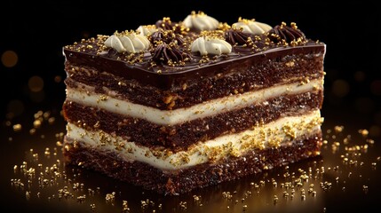 slice of layered chocolate cake with cream filling and gold sprinkles