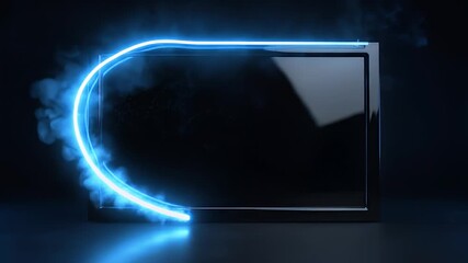 A sleek, dark rectangular frame is dramatically outlined by a vibrant, energetic blue neon light trail that elegantly moves around its perimeter, accompanied by subtle ethereal smoke. This dynamic vis - Powered by Adobe