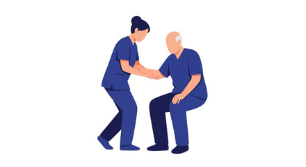 A female caregiver in blue scrubs assists an elderly man to stand up or sit down.