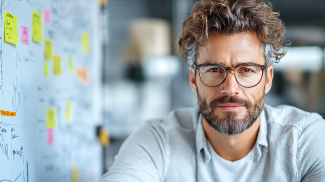 Confident entrepreneur planning strategy with sticky notes on whiteboard, focused and thoughtful