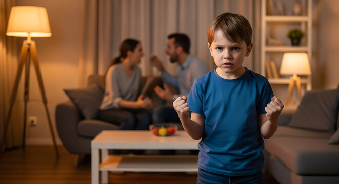 Young boy looking upset with clenched fists in living room background  