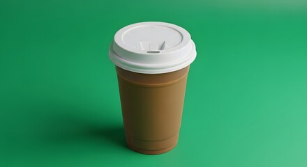 A disposable coffee cup with a white lid placed on a vibrant green background, representing beverages and casual dining experiences