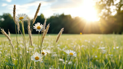 Wild daisy meadow with golden sunlight and soft bokeh glow