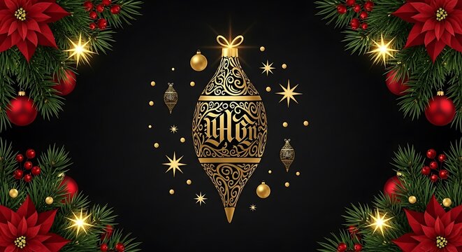 Elegant islamic calligraphy ornament adorned with gold and festive christmas decorations on black background