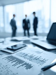 business documents on office table with smart phone and laptop computer and graph financial with social network diagram and three colleagues discussing data in the background no logos no brands ar 34
