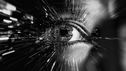 Human eye connecting with advanced ai technology and digital data