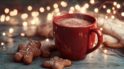 cozy red mug of steaming hot chocolate surrounded by gingerbread cookies and christmas lights