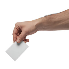 A human hand holding a small white blank card isolated on transparent background