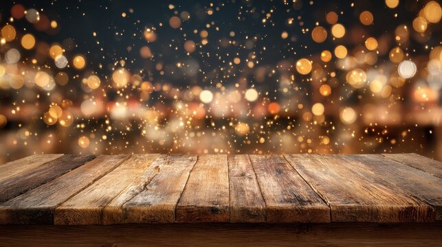empty wooden table top with warm golden bokeh lights and soft sparkling particles in festive holiday atmosphere concept of christmas new year celebration and seasonal decoration