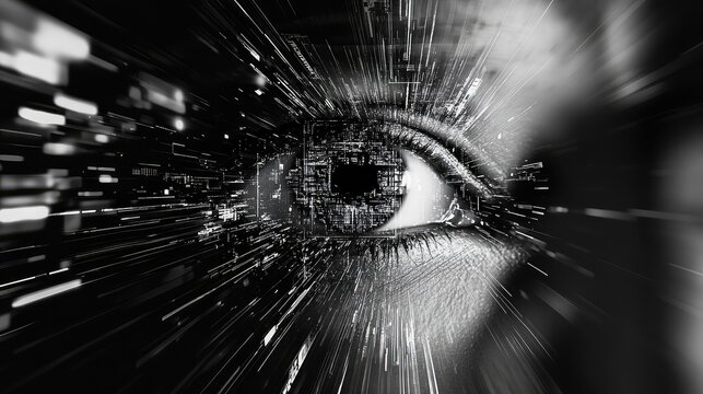Human eye connecting with advanced ai technology and digital data