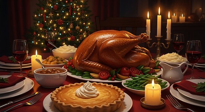 Festive Christmas dinner table setting with roasted turkey and pumpkin pie illuminated by candles and Christmas tree lights
