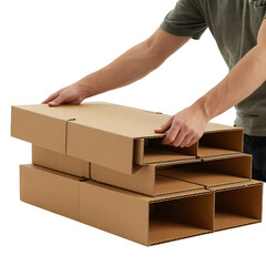 Hands assembling a stack of open cardboard boxes for shipping and packaging purposes isolated on transparent background