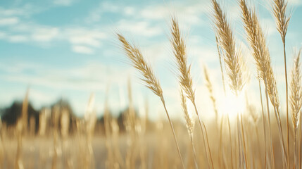 Fototapeta premium Golden wheat field sunrise peaceful cinematic glow with soft sunlight
