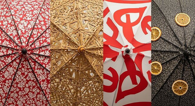 Four decorative umbrellas displayed side by side showcasing intricate patterns and vibrant colors