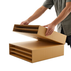 Hands assembling a large cardboard box with honeycomb internal structure for shipping and packaging isolated on transparent background