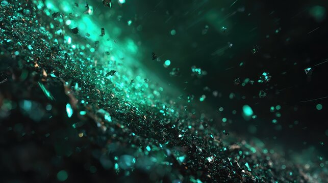 Glowing emerald particles scattering over a dark background creating abstract texture