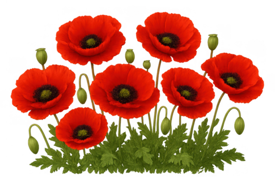 Red poppy flowers illustration with green leaves and buds, symbol of remembrance and commemoration, transparent background