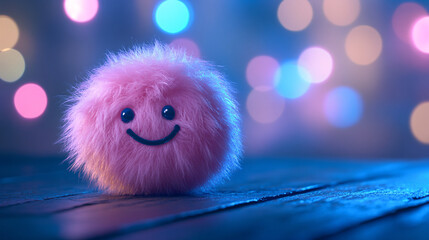Adorable pink plush toy with a cute smile radiating joy and happiness on wooden surface with bokeh