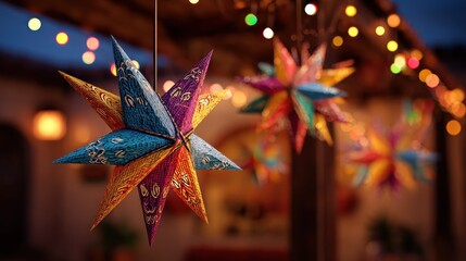 vibrant las posadas celebration decoration featuring a traditional star piñata hanging against a warm festive lights background showcasing colorful hispanic holiday decor and joyful mexican christmas