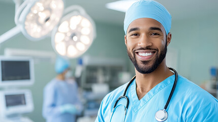 Smiling male surgeon in scrubs and stethoscope in operating room
