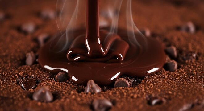 Decadent delight of poured dark chocolate with alluring wisps of vapor