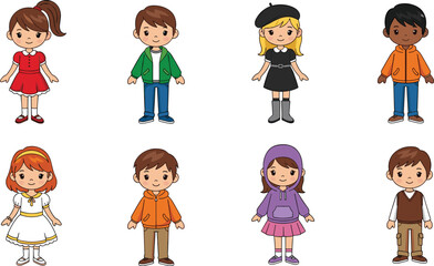 Cartoon children standing together, cute diverse kid characters in colorful outfits, happy boys and girls illustration for education, storytelling, digital design