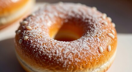 Delicious glazed donut covered in powdered sugar and adorned with creamy white candy drops delights the senses