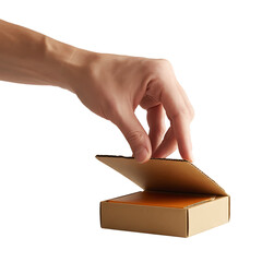 A human hand carefully opening a small cardboard box with a lid lifted slightly isolated on transparent background
