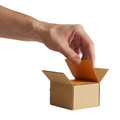 Hand placing a small orange card into a miniature cardboard box isolated on transparent background