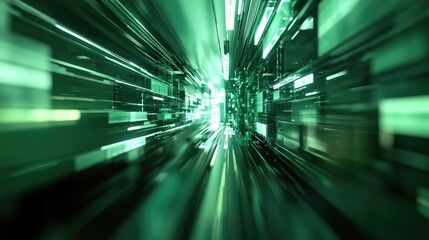 Green digital data tunnel moving at high speed