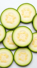 Sliced zucchini rounds with seeds visible, showcasing their fresh green exterior and pale interior